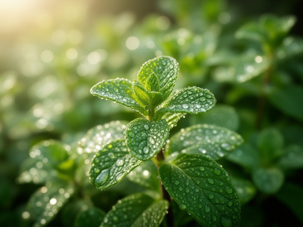Izbliza fotografija rosnih kapi na listovima nane u jutarnjoj svetlosti, sa bokeh pozadinom zelene bašte