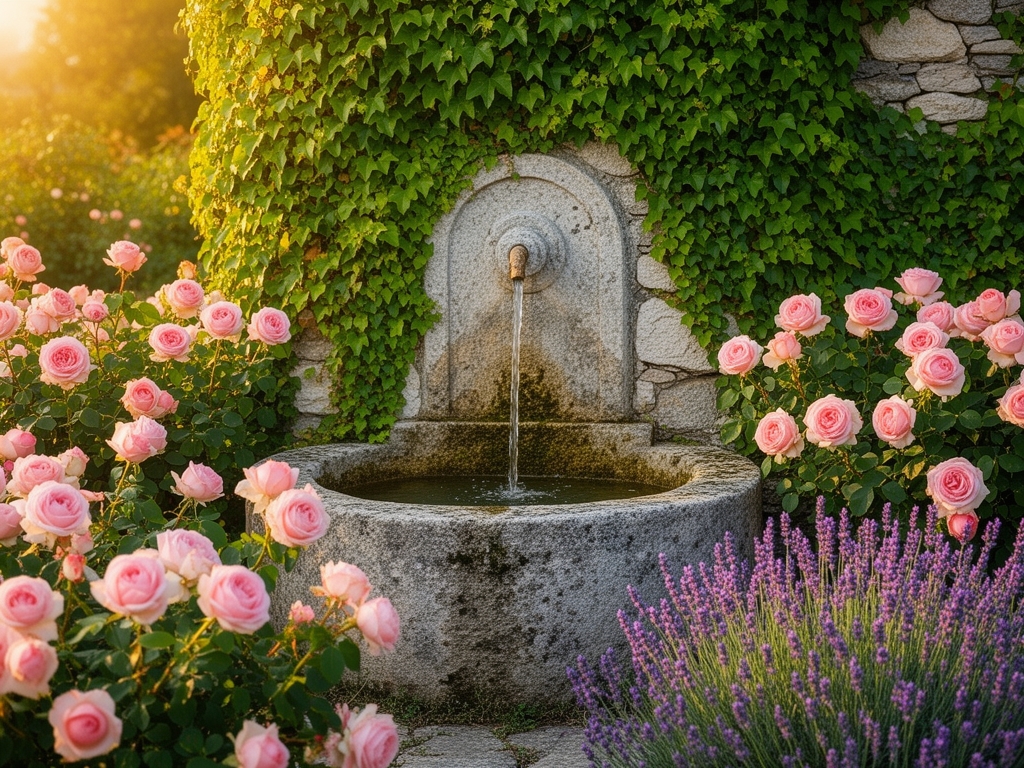 Stara kamena fontana u seoskom vrtu obraslom bršljanom, okružena ružičastim ružama i lavandom, snimljeno u toplom popodnevnom svetlu