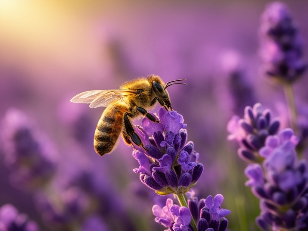 Izbliza cvet lavande sa pčelom koja skuplja nektar, fotografisan u mekom popodnevnom svetlu sa purpurnom bojom i zlatnim tonovima