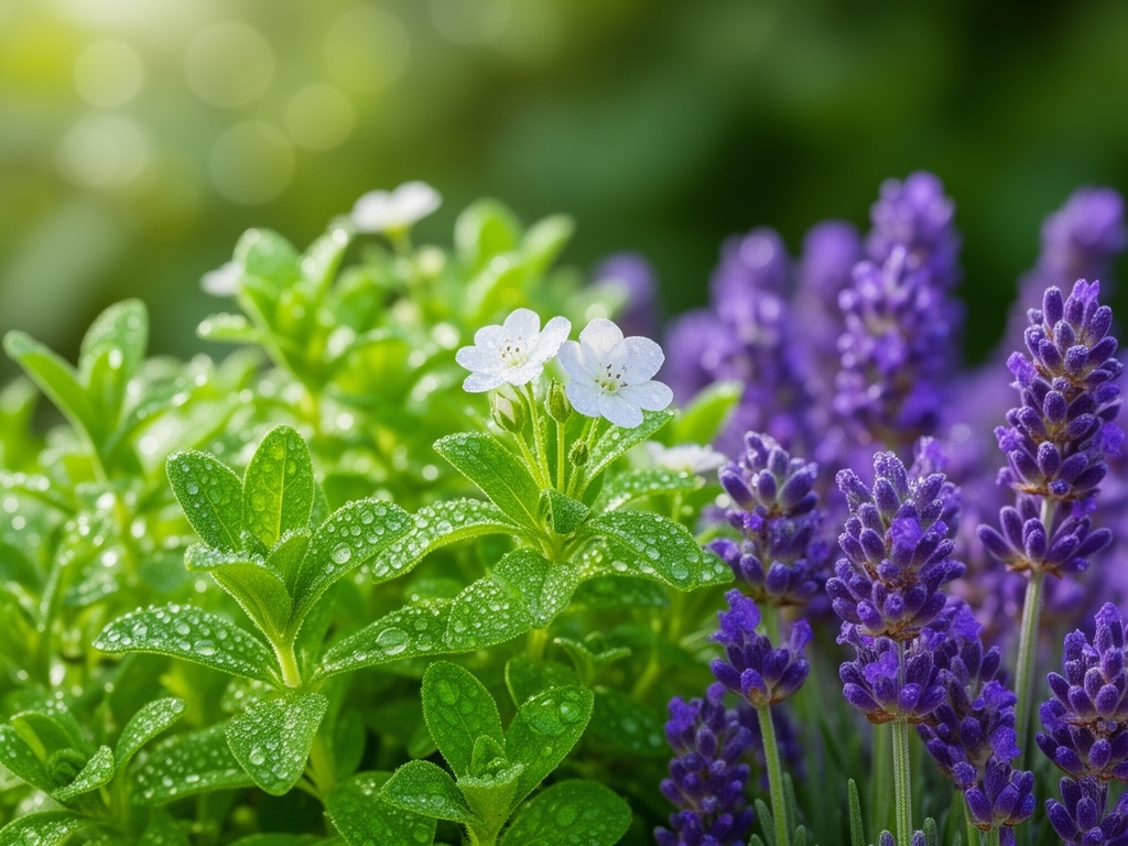 Sveže zeleno bilje u jutarnjoj rosi — majčina dušica, lavanda i nana — snimljeno izbliza sa bokeh pozadinom vrtnog zelenila