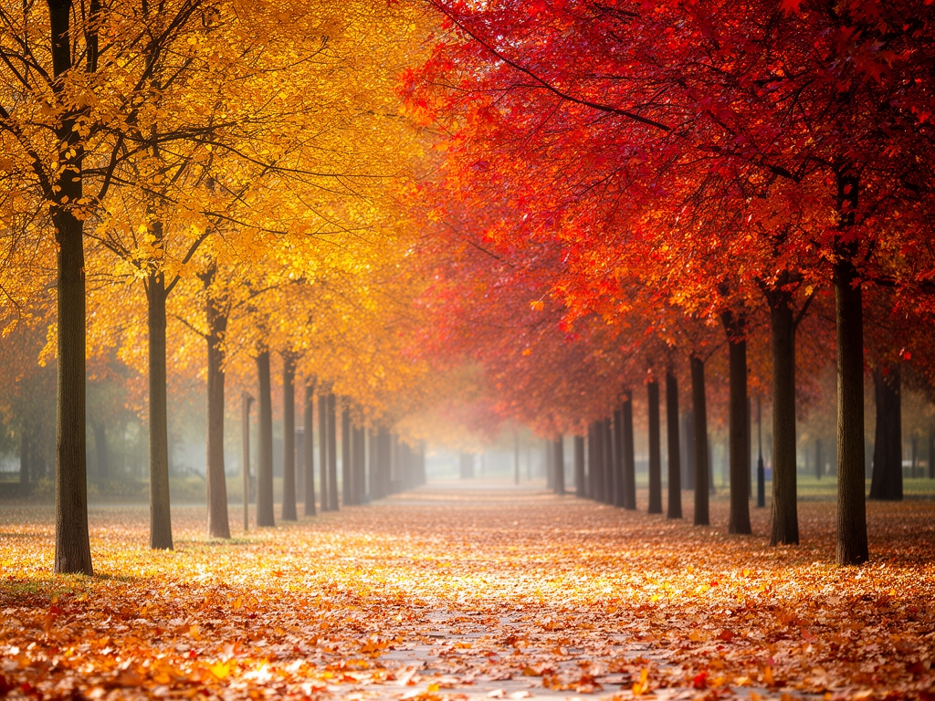 Jesen u parku sa stablima obojanim u zlatnu, narančastu i crvenu boju, listovi padaju na aleje, blago difuzno svetlo popodnevnog sunca
