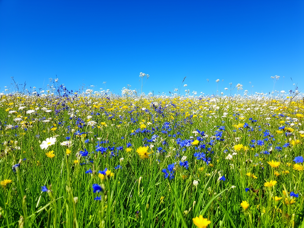 Letnje polje prepuno divljeg cveća u punom cvatu — plavo, žuto i belo cveće pod jakim suncem sa zelenom travom i čistim plavim nebom