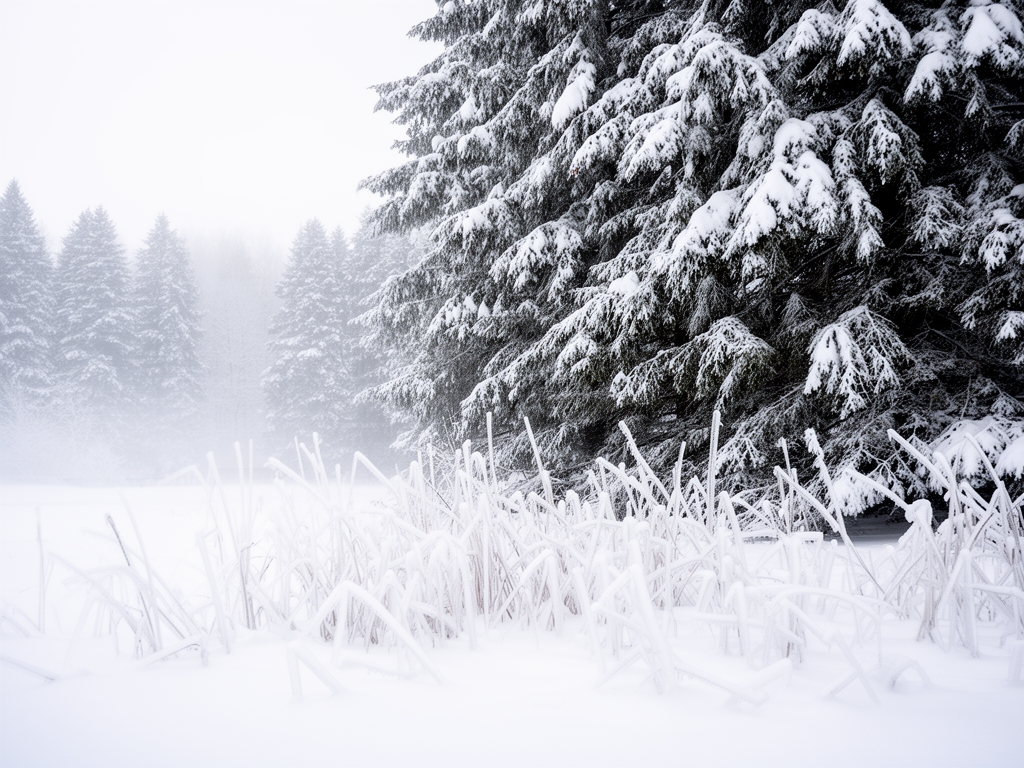 Zimski pejzaž sa snegom na granama zimzelenog drveća, mirno belo okruženje sa slabim svetlom zimskog dana i kristalima leda na biljkama